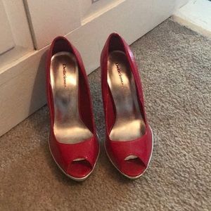 Red and silver open toe heels